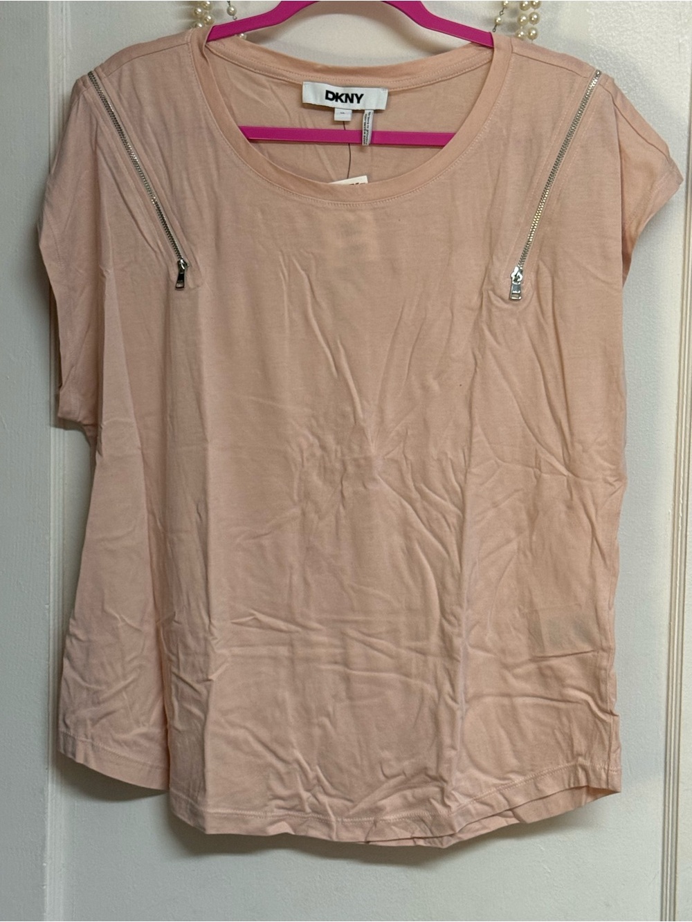 DKNY Women's Blush Pink Short Sleeve Zip Detail Top XL